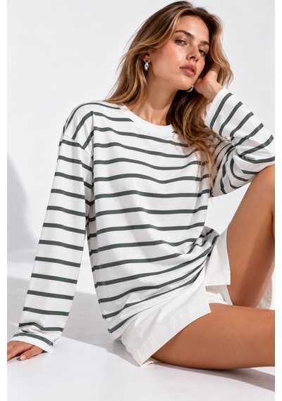 Wild Bee Kadın Mint Beyaz Çizgili Pamuklu Bisiklet Yaka Oversize Bluz Mint Yeşili