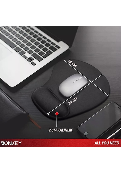 Wonkey - Bilek Destekli Mouse Pad, Memory Foam Hafızalı Süngerli Ergonomik Fare Altlığı, Kaymaz Tabanlı Mousepad, Ofis, Bilgisayar Ve Laptop Kullanımına Uygun Masa Pedi Siyah