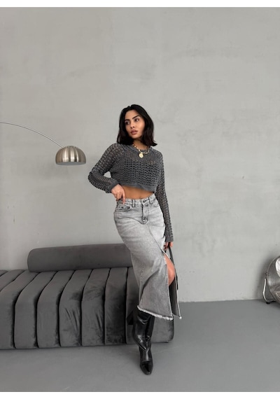 Zeo Basic Kadın Maxi Boy Ön Yırtmaç Detaylı Gri Kot Etek Gri