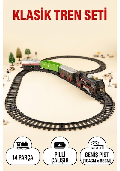 14 Parça Klasik Pilli Tren Seti Demiryolu Tren Oyunu 104x68 Cm Raylı Lokomotif Oyuncak Tren