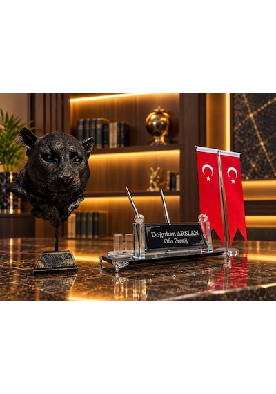 Kişiye Özel 3 Parça Kristal Masa İsimliği Türk Bayraklı Panter Figürlü Ofis Masa Seti Siyah