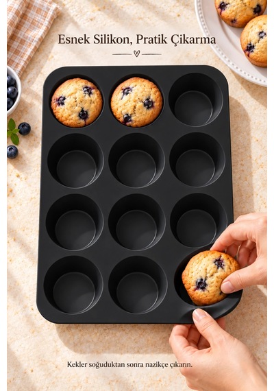 Tilbe Home Tilbe Home 12'li Silikon Muffin Kalıbı Yapışmaz Cupcake Kek Kapsül Brownie Mutfak Fırın T Siyah
