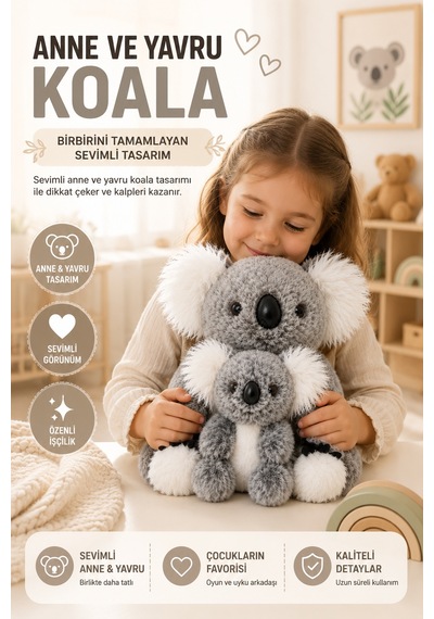 26 Cm Gri Anne Ve Yavru Koala Peluş Oyuncak Yumuşak Dekoratif Çocuk Odası Uyku Arkadaşı