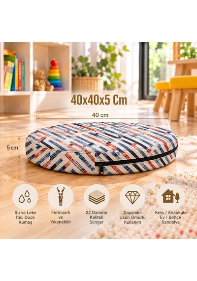 Kreş Anaokulu Yuvarlak Oyun Minderi Aktivite Minderi 40x40x5 Cm - Sandalye Minderi - Bahçe Dekor Minderi Yuvarlak Minder Kırmızı - Beyaz