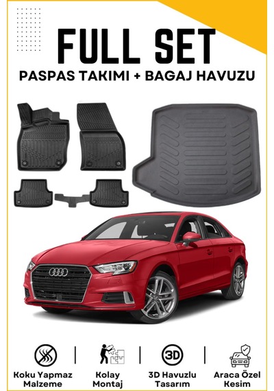 Audi A3 Sedan 2017-2018-2019-2020 Model Birebir Uyumlu Bagaj Havuzu+paspas Seti