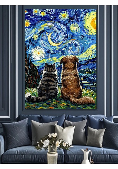 Van Gogh Yıldızlı Gece Soyut Kedi Ve Köpek Dekoratif Kanvas - Mdf Ahşap Tablo