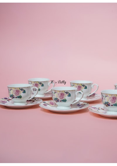 Rose Deluxe New Bone 6 Kişilik Kahve Fincan Takımı Türk Kahvesi Sunum Seti Beyaz - Pembe