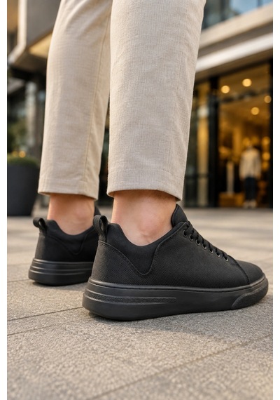 Mevese Ont Bağcıklı Keten Dokulu Hafif Taban Erkek Günlük Casual Sneaker Ayakkabı - Siyah