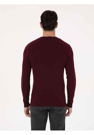 Cacharel Bordo Slim Fit Pamuk Karışımlı Bisiklet Yaka Triko Kazak Kırmızı