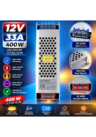 12 Volt 33 Amper 400 Watt Ultra Slim Metal Kasa Trafo