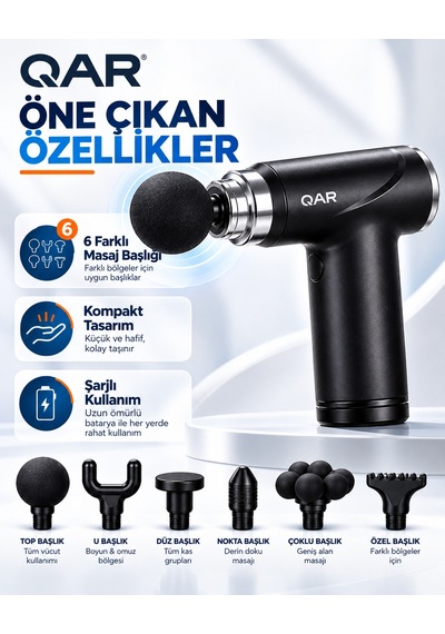 Qar Masaj Tabancası 6 Başlıklı Derin Doku Kas Masaj Aleti Sessiz Çalışan Şarjlı Taşınabilir Sporcu Masaj Cihazı Siyah