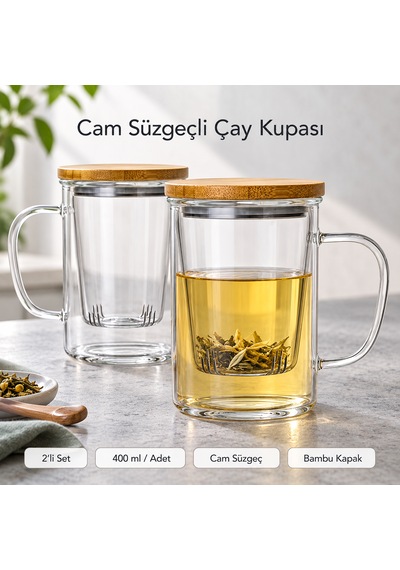 2 Li Cam Süzgeçli Bambu Kapaklı Borosilikat Kupa 400 Ml Kulplu Bitki Çayı Demleme Ve Sunum Bardağı Şeffaf