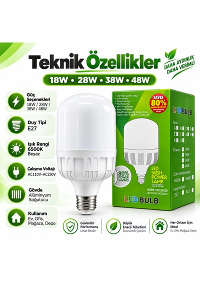 Alüminyum Soğutuculu Led Ampul E27 6500k Güçlü Beyaz Işık 38w 1