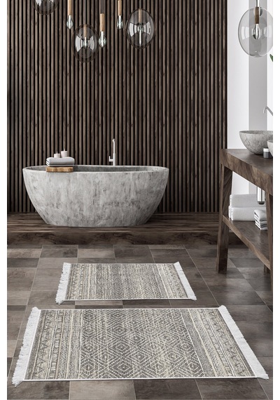 Dekoreko Kaymaz Taban Djt 2 Li Banyo Paspas Takımı Trend Saçaklı Iskandinav F5087 gri