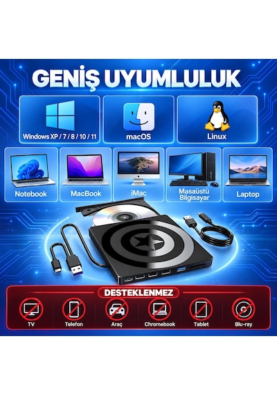 Valkyrie Harici Cd Dvd Okuyucu Yazıcı Usb 3.0 Type-c Hub Sd Tf Kart Okuyucu 4 Usb Portlu İnce Taşınabilir