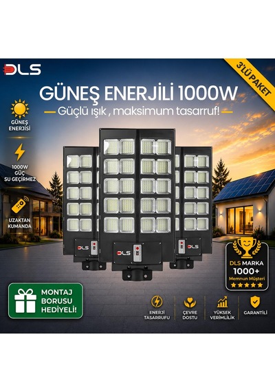 3'lü Paket Dls 1000w Güneş Enerjili Solar Sokak Lambası Hareket Sensörlü Led Bahçe Aydınlatması