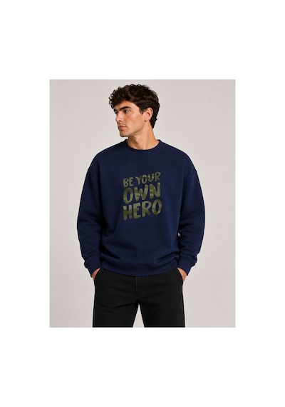 Herkesemoda Hero Baskı Detaylı Bisiklet Yaka Şardonlu 2 İplik Sweatshirt Lacivert