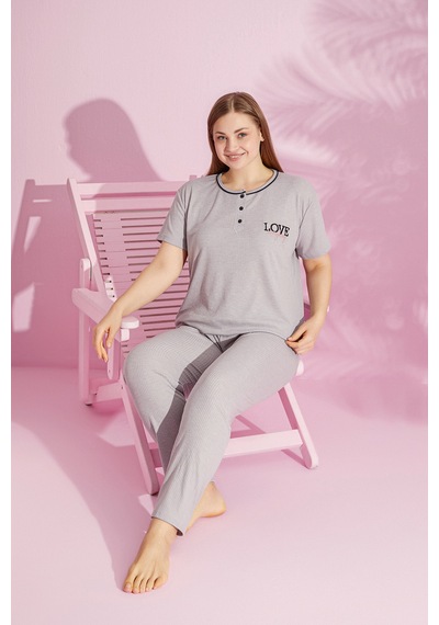 Rindahomewear Büyük Beden Fitilli Kısa Kol Pijama Takımı MÜRDÜM