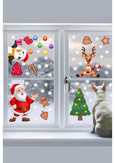 Yılbaşı Sticker Noel Baba Penguen Geyik Yılbaşı Ağacı ve Kar Taneleri