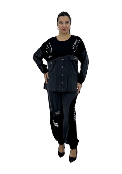 Büyük Beden Viskon Düğme Detaylı Önden Cepli Jogger Lastikli İkili Kadın Takım Antrasit Büyük Beden Viskon Düğme Detaylı Önden Cepli Jogger Lastikli İkili Kadın Takım Antrasit