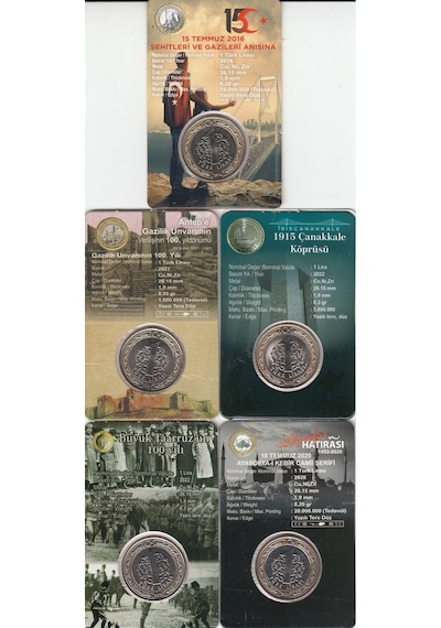5''li Hatıra 1 Lira Para Kiti Seti, Ayasofya, Antep, Çanakkale, 15 Temmuz, Büyük Taaruz "çil"