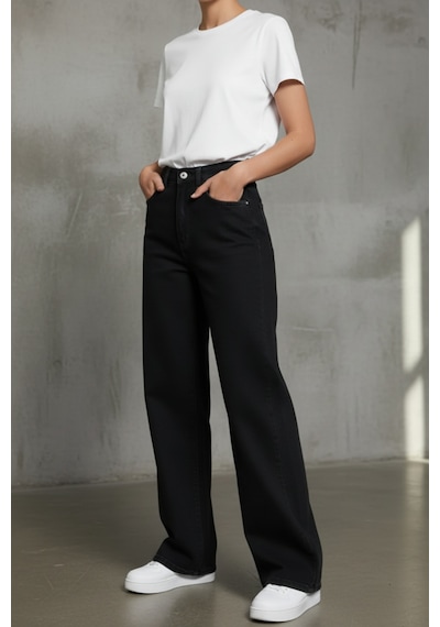 Woddi Heaven Kadın Yüksek Bel Siyah Salaş Wide Leg Jeans Geniş Paça Palazzo Kot Pantolon