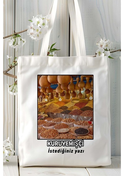 Art Hediye Kuru Yemişçi Baskılı Bez Omuz Çantası Kişiye Özel Model 6 Çok Renkli