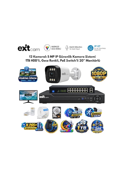 Exitcam 12 Kameralı 5 Mp Ip Poe Güvenlik Kamera Sistemi 20 İnç Monitör, 1 Tb Hdd, 200 Metre Kablo, Sesli Ve Gece Renkli