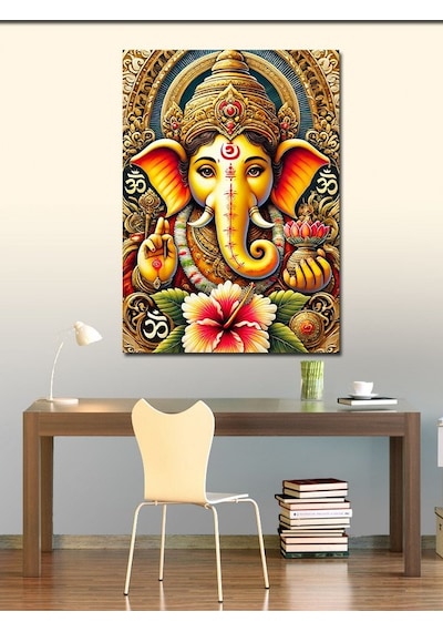 Kanvas Tablo Tanrı Ganesha Ve Lotus Çiçeği 50cmx70cm