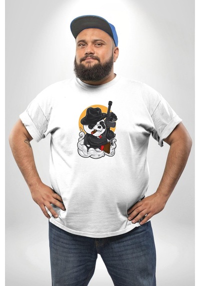 Angemiel Gangster Panda Beyaz Büyük Beden Kadın Erkek Ünisex Basic Ön Baskılı Tişört Beyaz