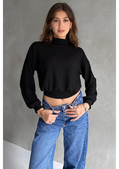 Markahit Defile Balıkçı Yaka Dokulu Crop Bluz Siyah