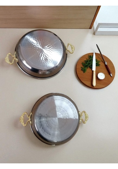 2'li Sahan Menemen Tava Seti, Sarı Kulplu 18 Cm Ve 20 Cm Dövme İşçilikli Çelik Metalik
