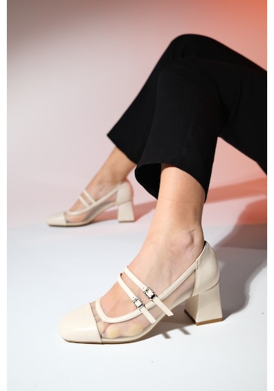Luvishoes Scots Krem Kadın Kalın Topuklu Ayakkabı Krem