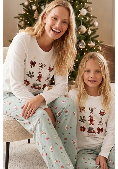 Siyah İnci Yılbaşı Temalı Pamuklu Likralı Örme Pijama Takım26241181 Beyaz