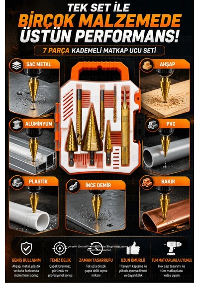 7 Parça Kademeli Matkap Ucu Seti Titanyum Kaplama Hss Sac Metal Ahşap Plastik Delici Uç Seti