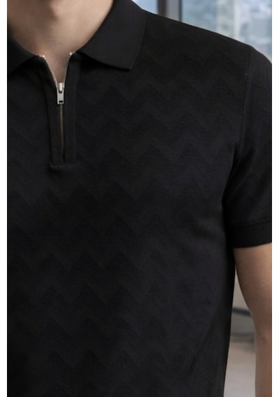Erkek Slim Fit Fermuarlı Polo Yaka Triko Tişört Siyah