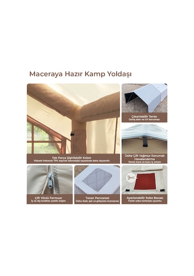 8 Kişilik 8 M² Tenteli Gölgelikli, 4 Mevsim, Su Geçirmez 420d Oxford Kumaşlı Şişme Çadır 320 250 220cm Bej