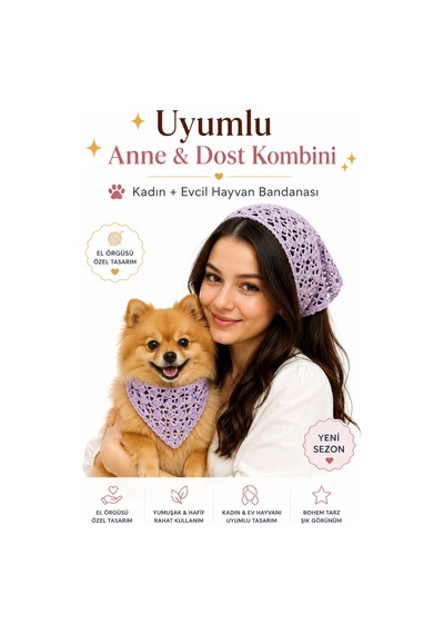Kadın & Köpek Kombin El Örgüsü Minik Dost Bandana Seti Ayarlanabilir Evcil Hayvan Sahip Kombini Bohem Tasarım Mor