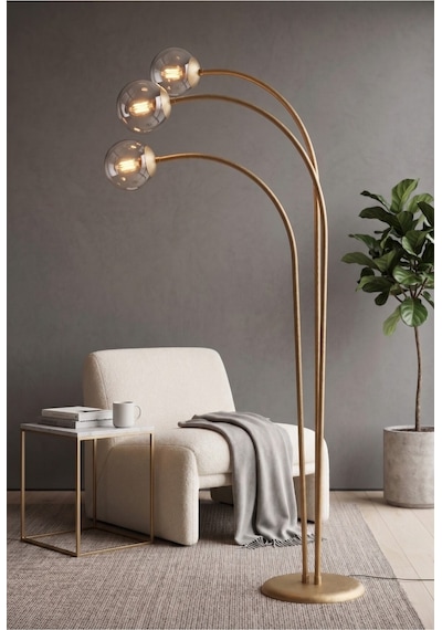Auris Eskitme Metal Tasarım 3'lü Füme Cam Küre Ark Lambader Modern Minimalist Kavisli Ayaklı Lambader E27 Duy Uyumlu Dekoratif Salon Köşe Okuma Lambası