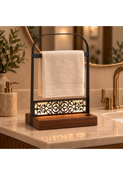 Pilli Led Işıklı El Havluluğu, Ahşap Tabanlı Ayaklı Banyo Havlu Standı Siyah