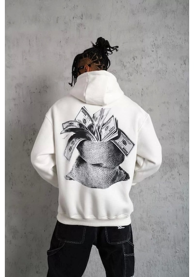 Erkek Kanguru Cep Baskılı Kapüşonlu Sweatshirt - Beyaz Beyaz