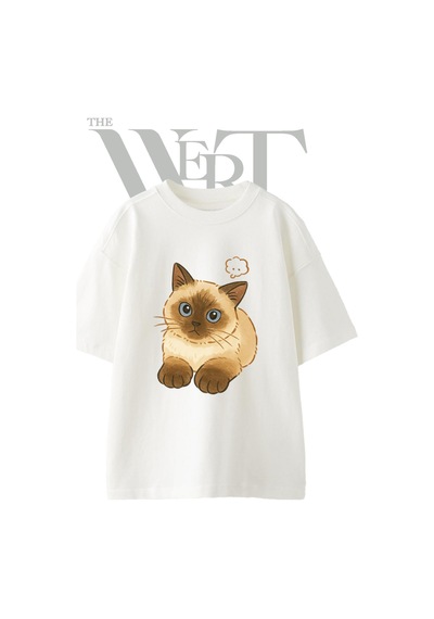Thewert Siamese Cat 2 Tasarım Baskılı Ünisex Beyaz Oversize T-shirt