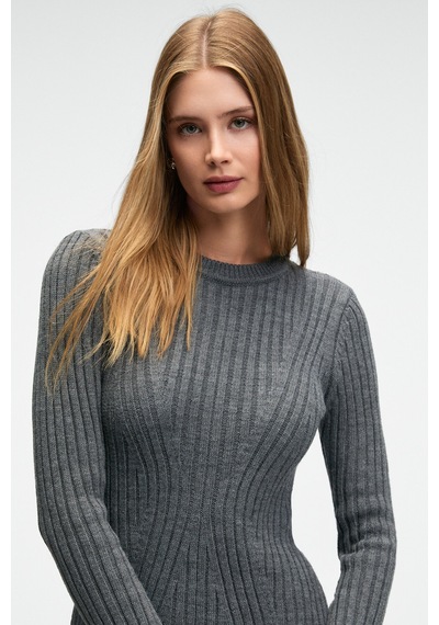 Grımelange ENCANTO Kadın Yuvarlak Yaka Çizgi Desenli Slim Fit Antrasit Elbise