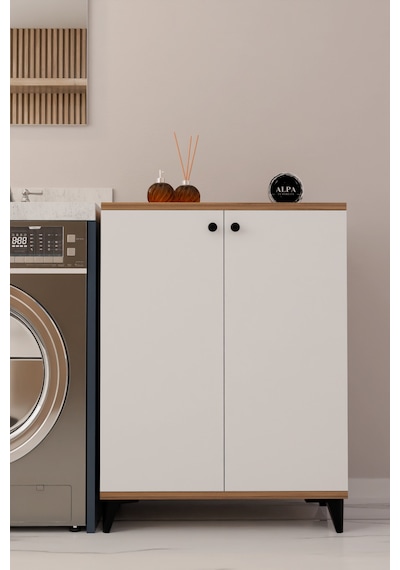 Çok Amaçlı Banyo & Çamaşır Odası Dolabı, Ayarlanabilir Raflı, Kapaklı Modern Banyo Dolabı Atlantik Çam - Beyaz