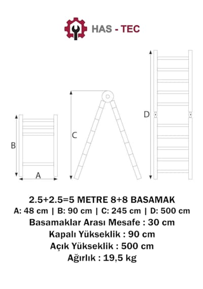 Teleskopik Merdiven A Tipi Uzayan 5 Metre 8+8 Basamaklı Alüminyum