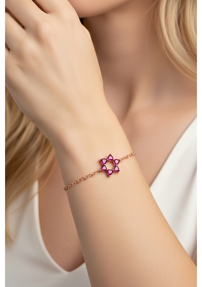 Aşkın Fısıltısı Mekik Zincirli Kalp Bileklik Ruby Taşlı 925 Ayar Gümüş Rose