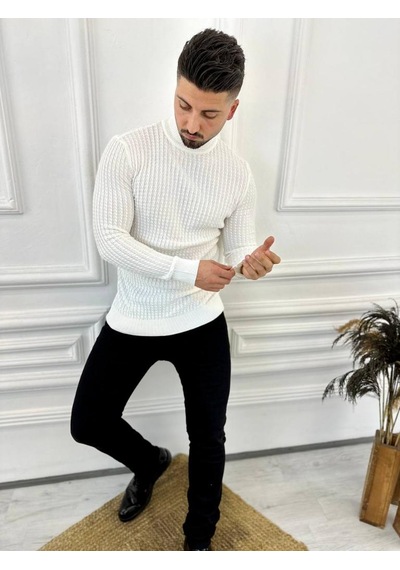 Kazak Slim Fit Tüylenmez Naturel Pamuk Triko Boğazlı Balıkçı Yaka Kazak Beyaz