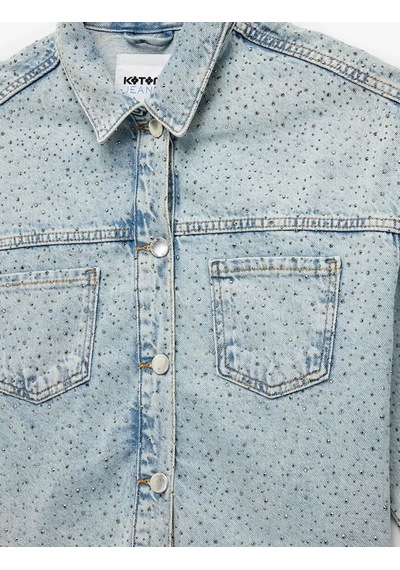 Koton Cep Detaylı Düğmeli Klasik Yaka Taşlı Denim Açık İndigo Kadın Ceket 6wal50002md Açık Indigo Koton Cep Detaylı Düğmeli Klasik Yaka Taşlı Denim Açık İndigo Kadın Ceket 6wal50002md Açık Indigo