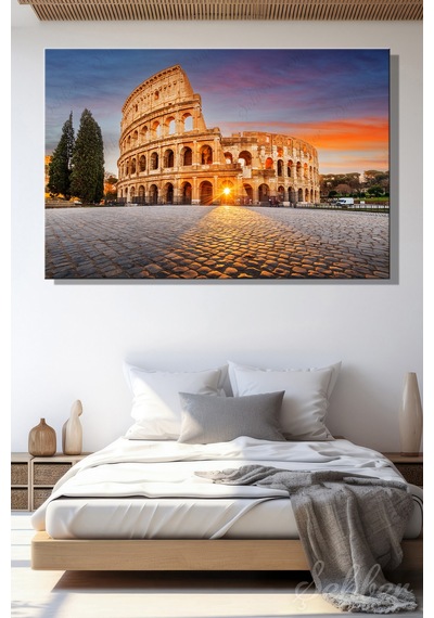 Gün Batımında Roma'da Yer Alan Tarihi Kolezyum Colosseum Yatay Kanvas Tablo 4267 Çok Renkli