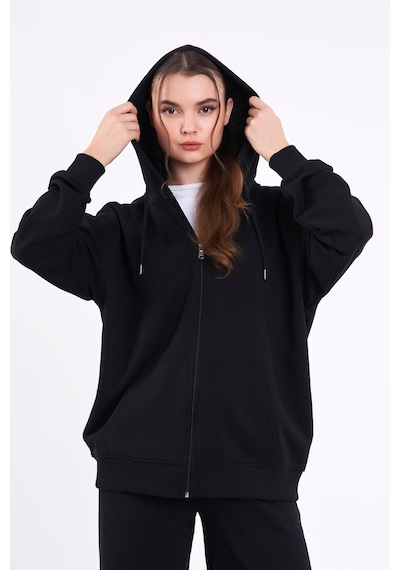 MMetalic Siyah Kanguru Cepli Kapüşonlu Fermuarlı Oversize Kadın Sweatshirt Mtlcb73 Siyah
